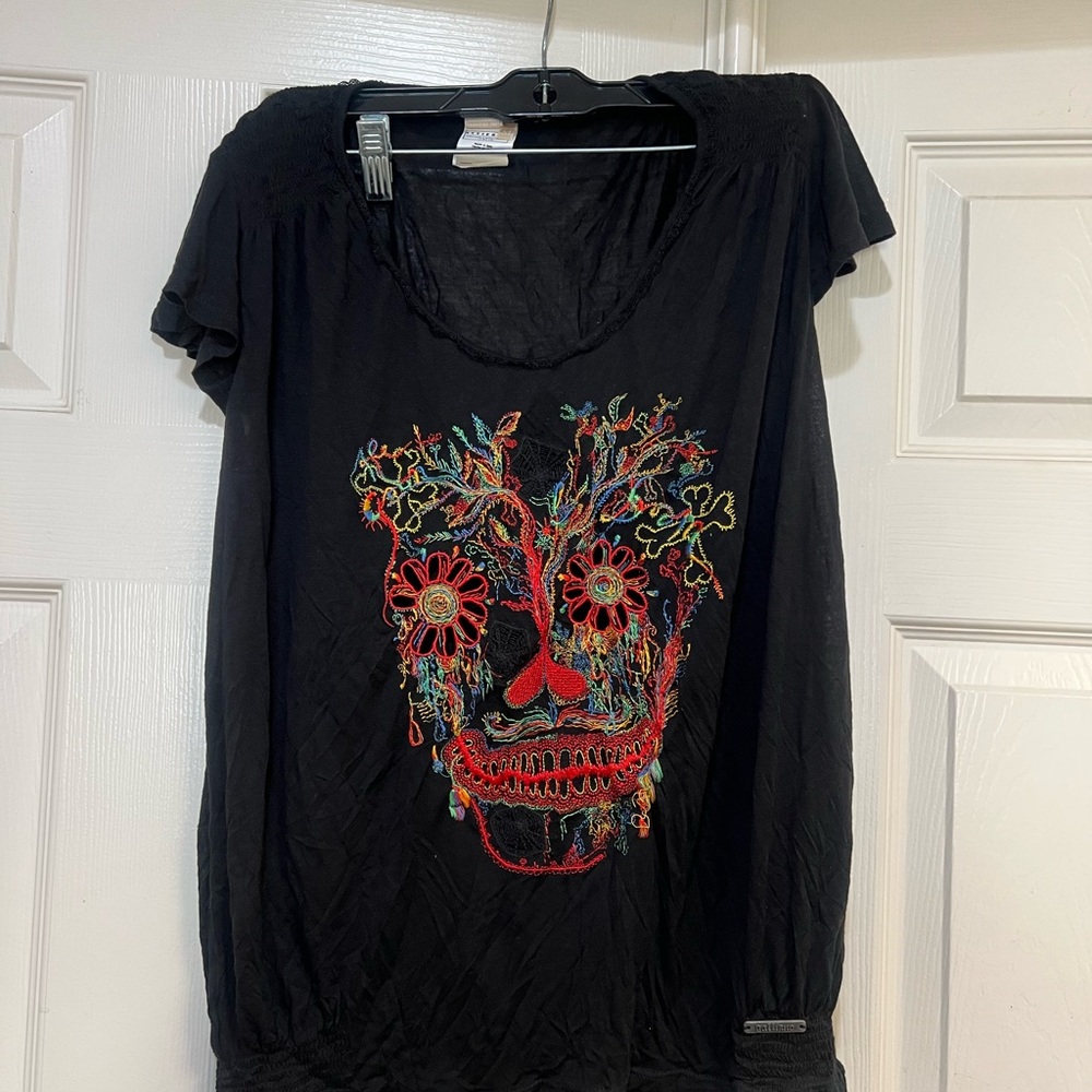VNTG John Galliano Skull Embroidered Black Smocked Bottom Grunge goth Top ZS M - Picture 3 of 12